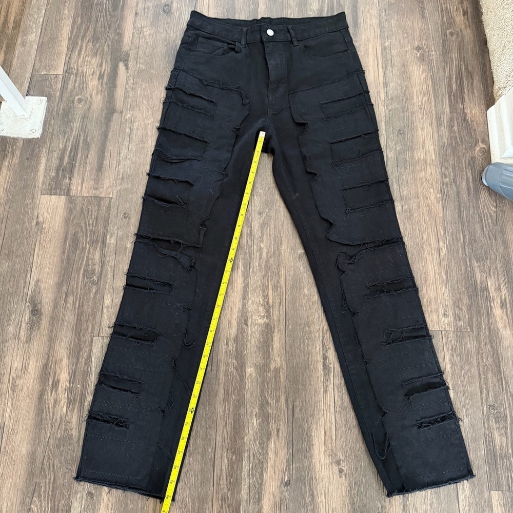 Women’s Black Denim Stacked Jeans Black Distressed Straight Leg Mid Rise Y2K M - Picture 11 of 17